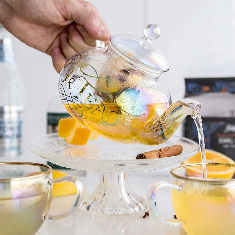 G&Tea-Glass-Teapot-in-use, Set-of-2-Gold-Rimmed-Iridescent-Glass-Teacups, gin, glass, cocktail, order, add-to-cart, klarna, g-and-tea-teapot-spare-part-add-to-cart-for-delivery