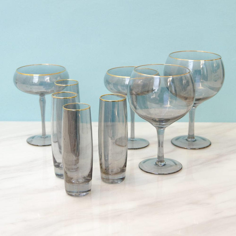 smoky-glasses-set, Set of 2 Gold Rimmed-Black-Lustre-Gin-Balloon-Glasses, glass, set-of-two, cocktail, gin, order, add-to-cart, gold, klarna, balloon, gin-goblets, gin-glass-sets
