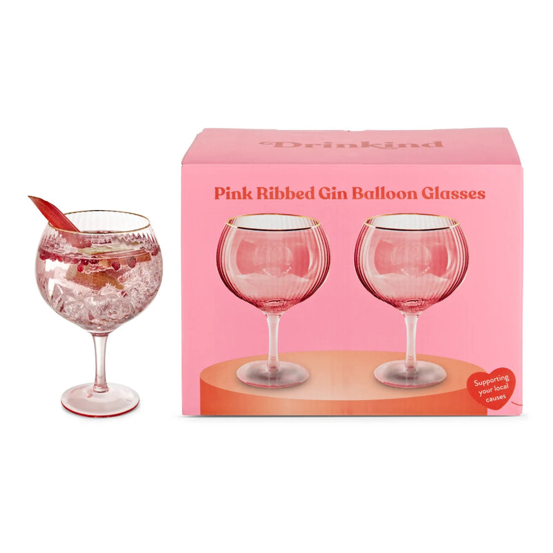 Pink Ribbed Gin Balloon Glass Set of 2