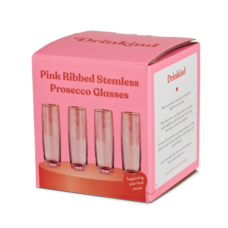 Pink Ribbed Stemless Prosecco Glasses - Set of 4